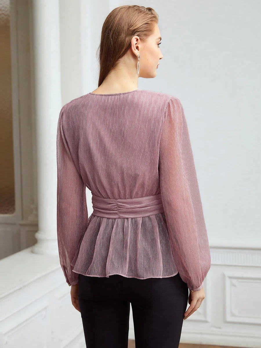 CM-TS151141 Women Elegant Seoul Style Glitter Tulle Peplum Blouse - Dusty Pink