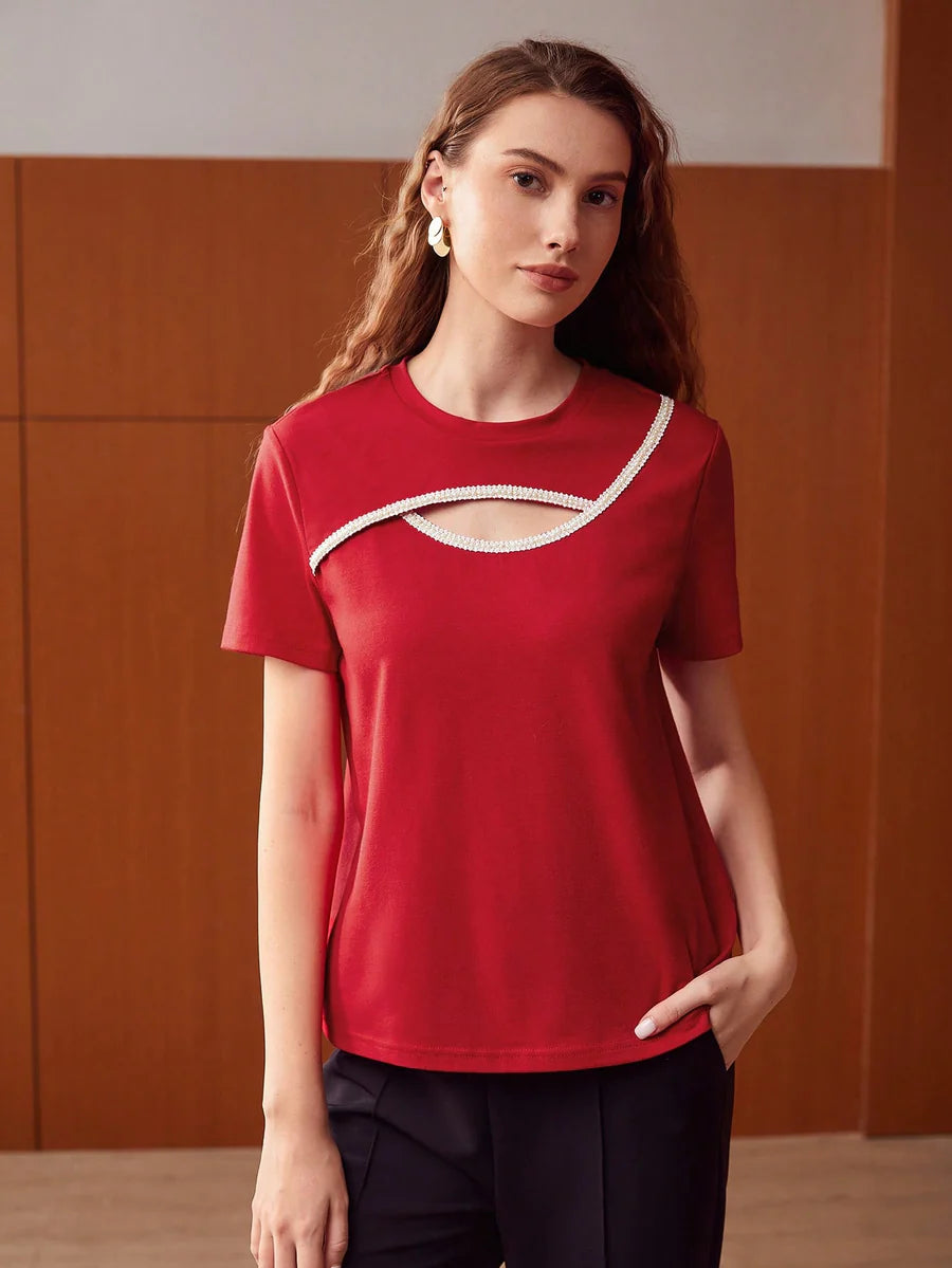 CM-TS122938 Women Casual Seoul Style Round Neck Pearl Cut-Out Top - Red