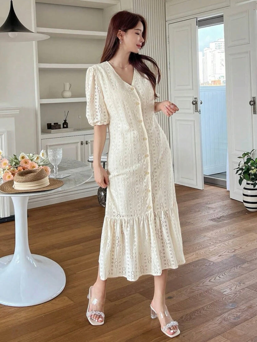 CM-DS322244 Women Elegant Seoul Style Puff Sleeve Ruffle Hem Smock Dress - Apricot