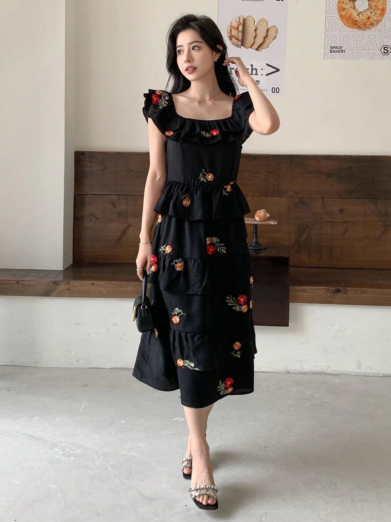 CM-DS614610 Women Trendy Bohemian Style Floral Embroidery Ruffle Trim Dress - Black