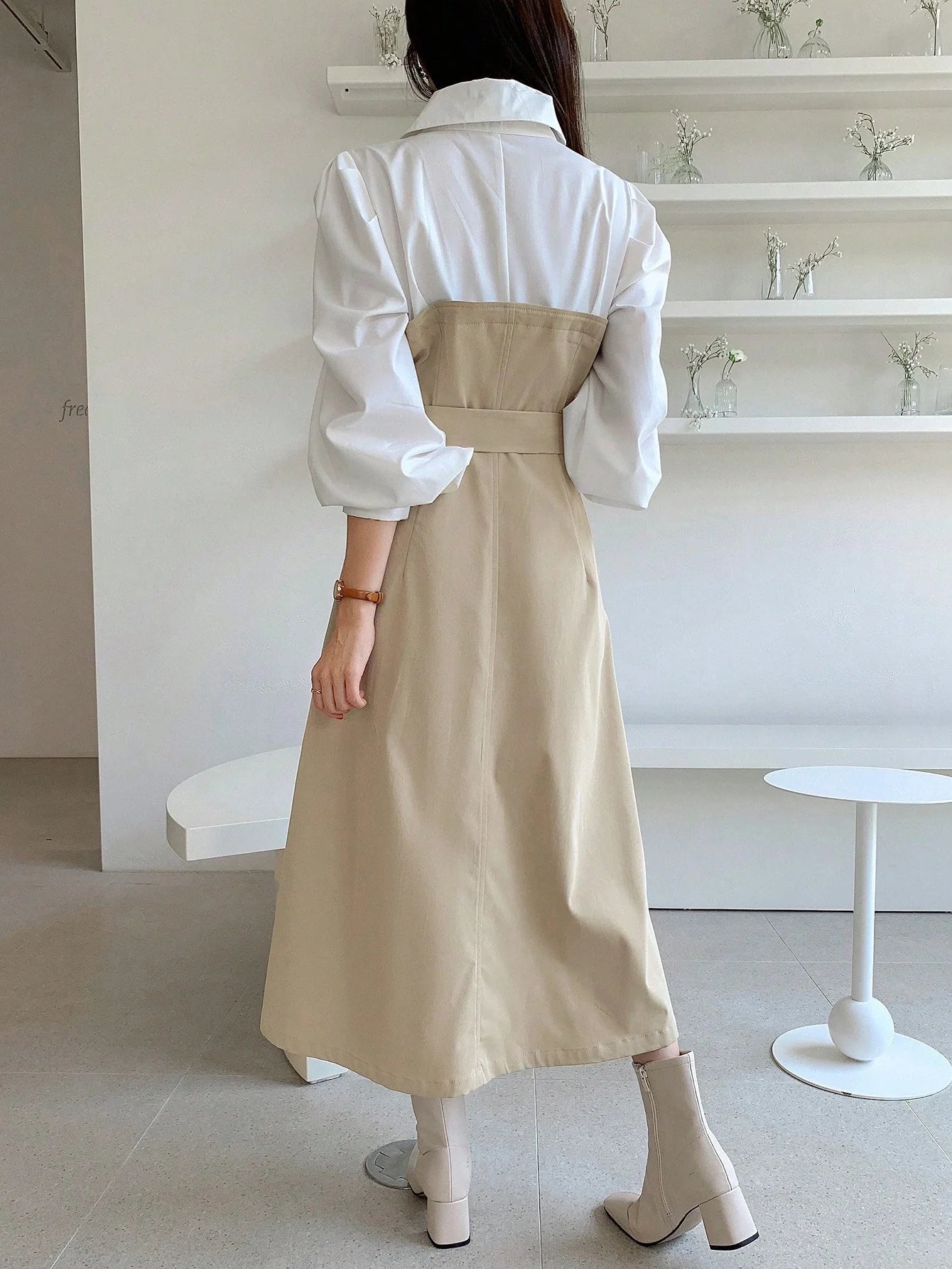 CM-DS396697 Women Elegant Seoul Style Two Tone Double Breasted Belted 2 In 1 Dress