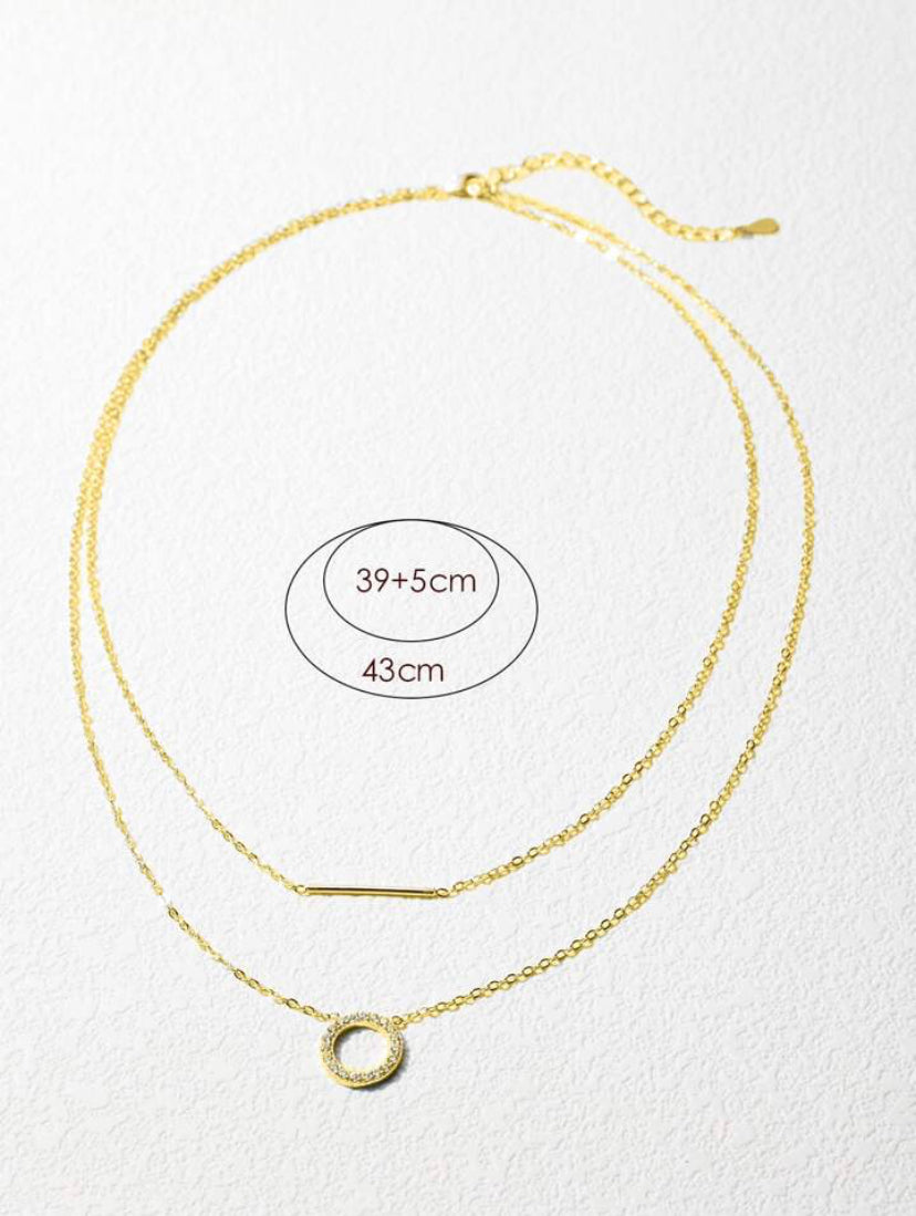 CM-AN825046 925 Sterling Silver Round Cubic Zirconia with Long Stick Bar Layered Necklace - Yellow Gold