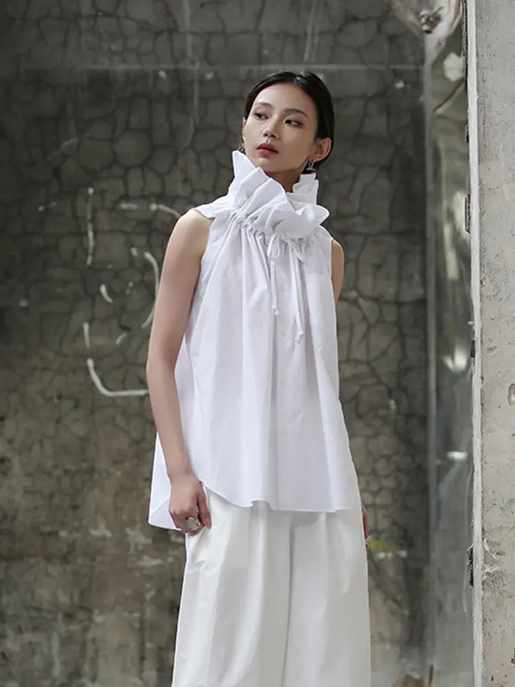 CM-TS001499 Women Elegant Seoul Style Stand Up Collar Pinched Floral Sleeveless Outer Top (Available in 2 colors)