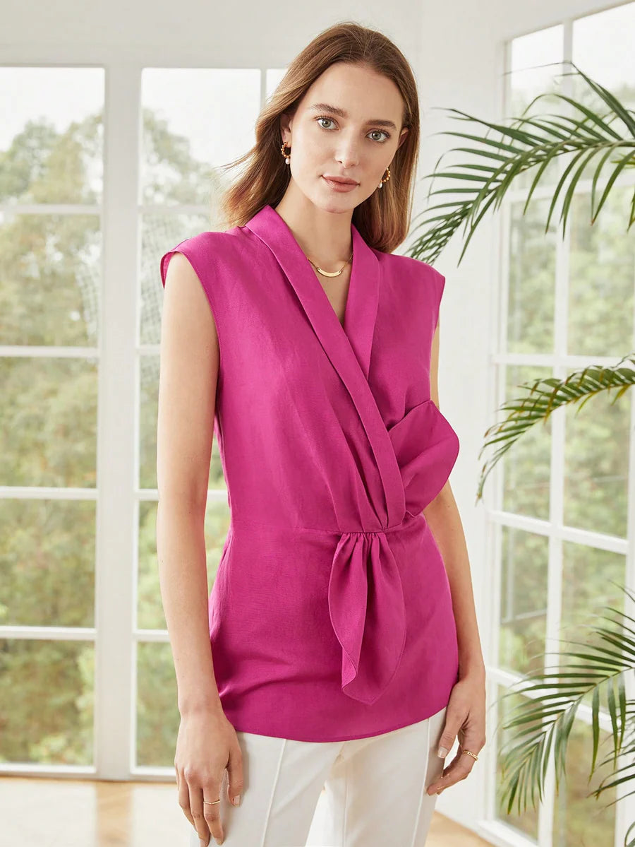 CM-TS972725 Women Elegant Seoul Style Sleeveless Front Tie Linen-Blend Blouse - Pink