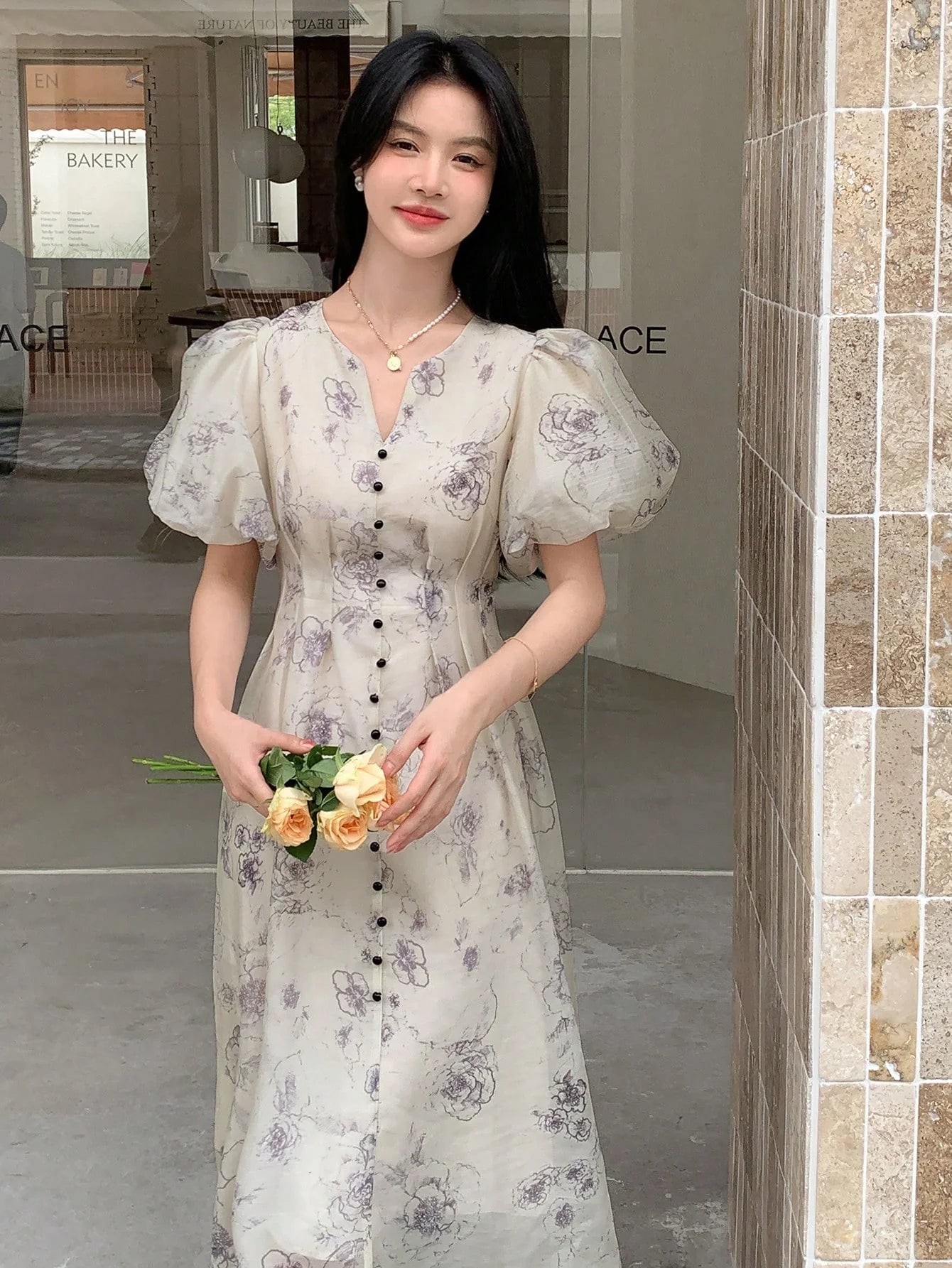 CM-DS062728 Women Elegant Seoul Style Floral Print Puff Sleeve Button Front Dress - Apricot