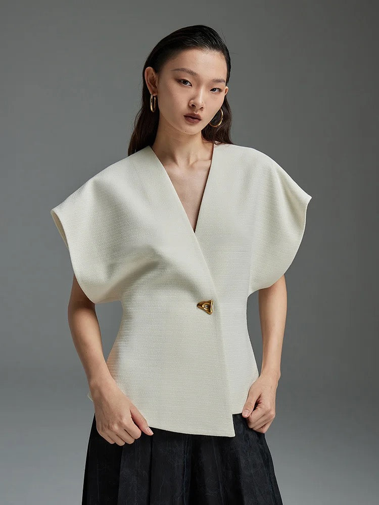 CM-TS001539 Women Elegant Seoul Style V-Neck Asymmetrical Narrow-Waisted One Button Vest Top (Available in 2 colors)
