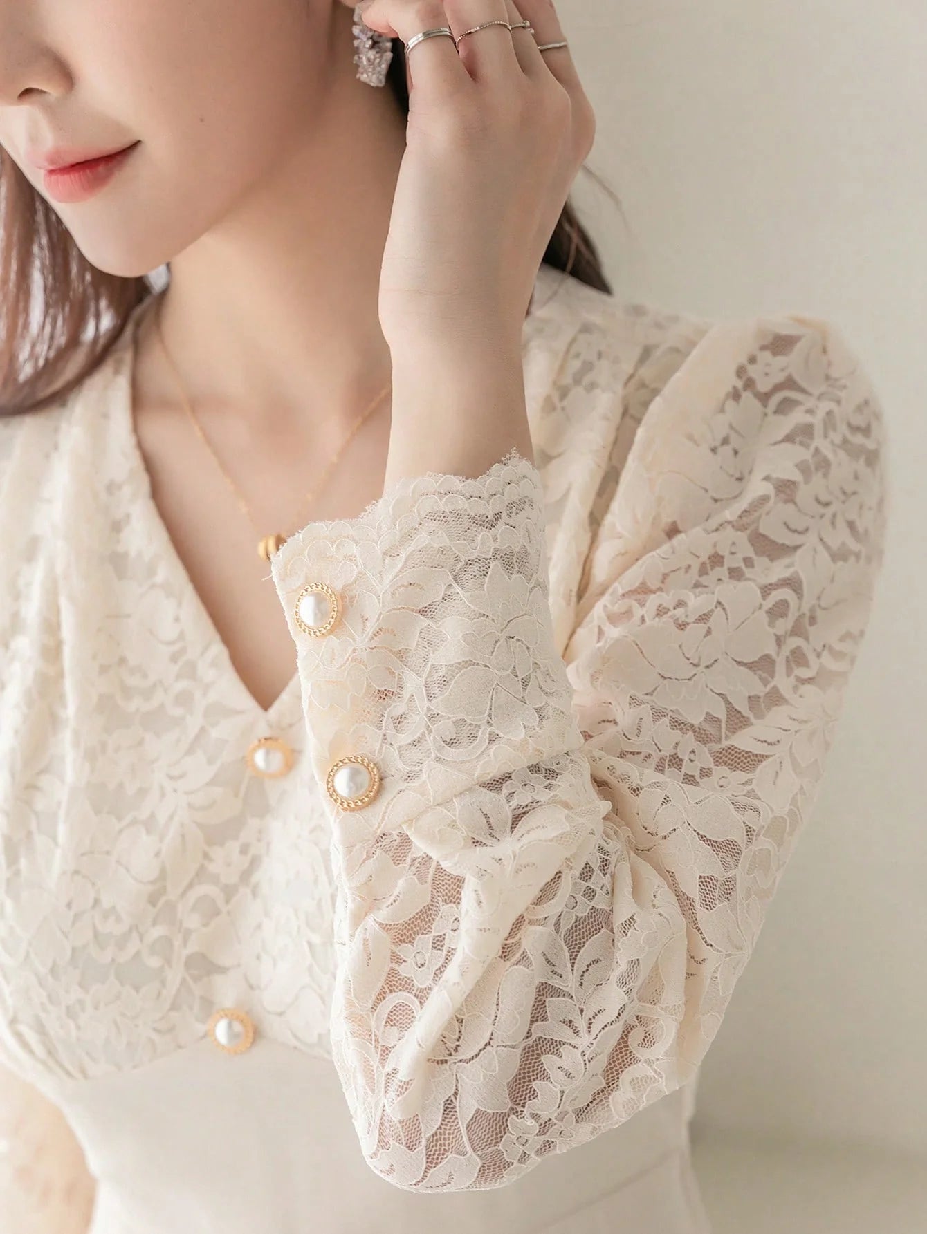 CM-DS827032 Women Elegant Seoul Style Contrast Lace Button Front Split Thigh Dress - Apricot