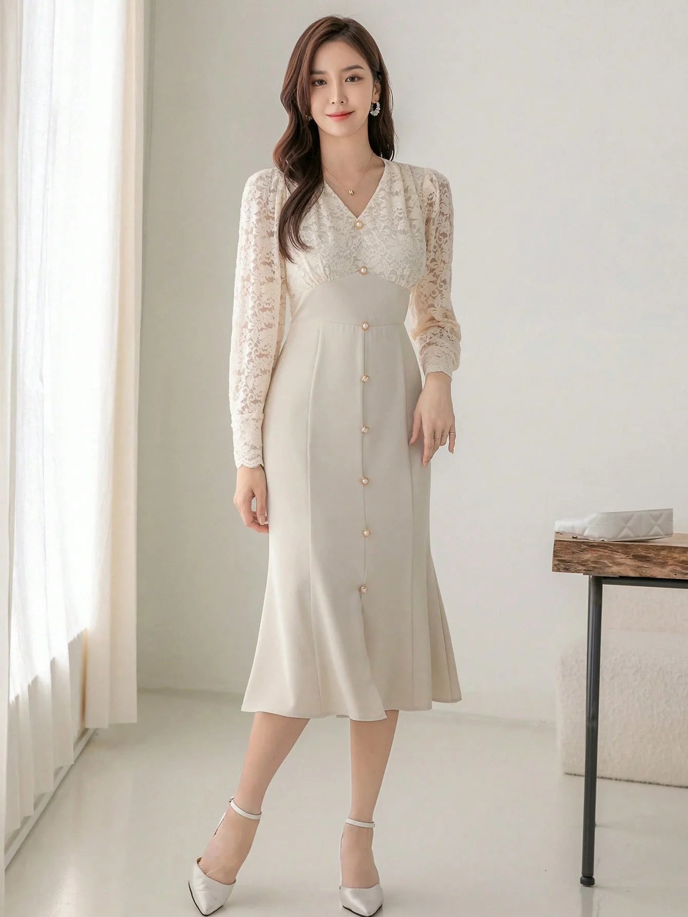 CM-DS827032 Women Elegant Seoul Style Contrast Lace Button Front Split Thigh Dress - Apricot