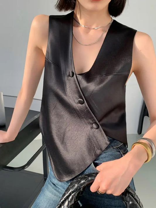 CM-TS011029 Women Chic Seoul Style Irregular V-Neck Slim Fit Vest Top - Black