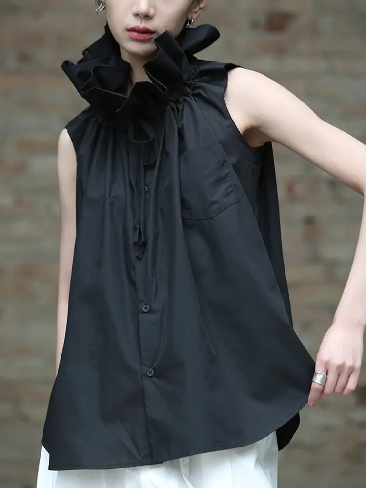 CM-TS001499 Women Elegant Seoul Style Stand Up Collar Pinched Floral Sleeveless Outer Top (Available in 2 colors)