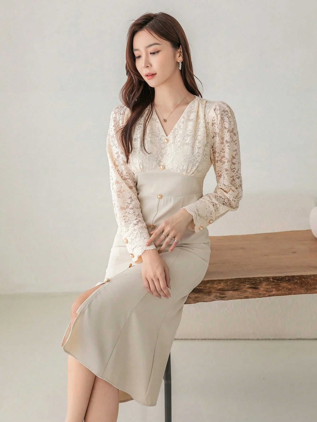 CM-DS827032 Women Elegant Seoul Style Contrast Lace Button Front Split Thigh Dress - Apricot