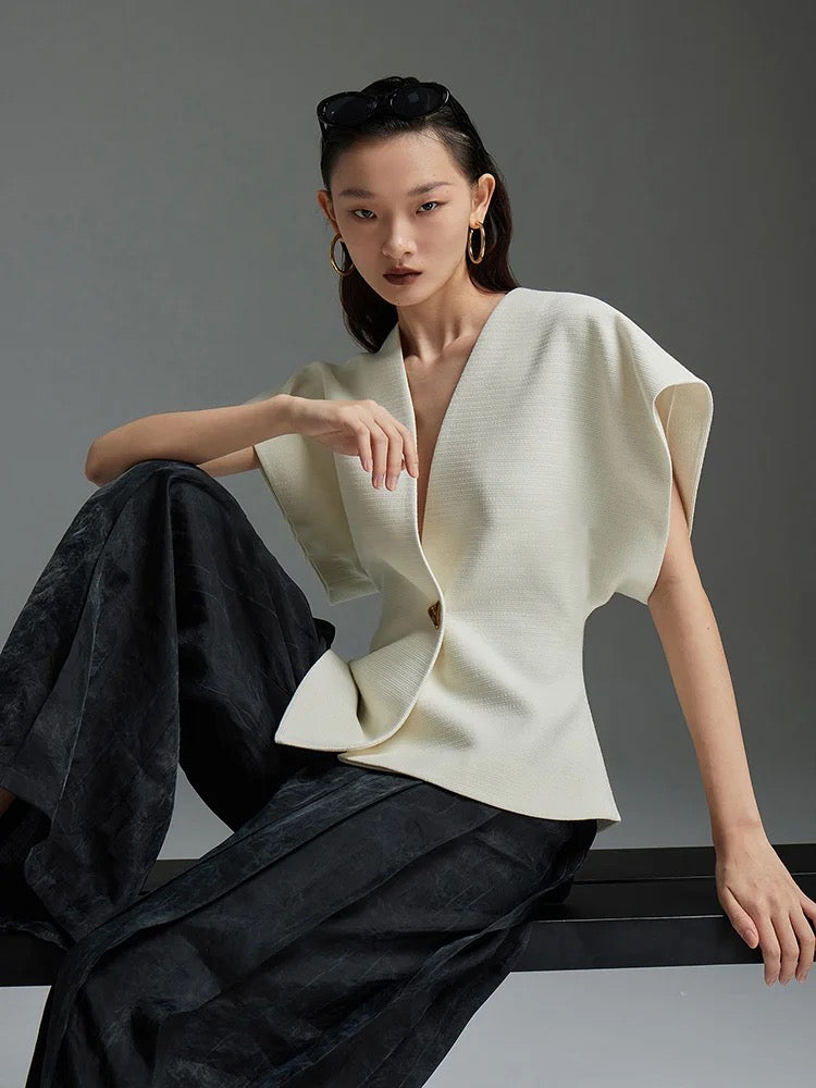 CM-TS001539 Women Elegant Seoul Style V-Neck Asymmetrical Narrow-Waisted One Button Vest Top (Available in 2 colors)
