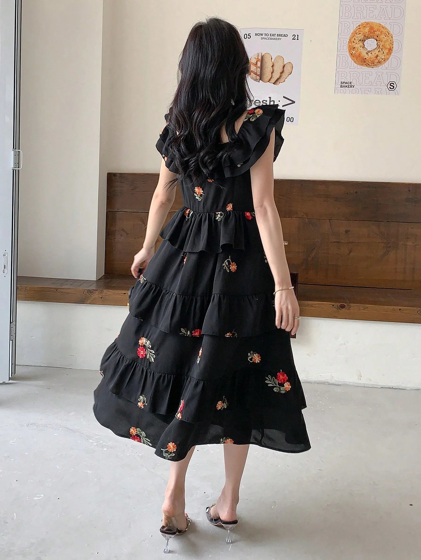 CM-DS614610 Women Trendy Bohemian Style Floral Embroidery Ruffle Trim Dress - Black