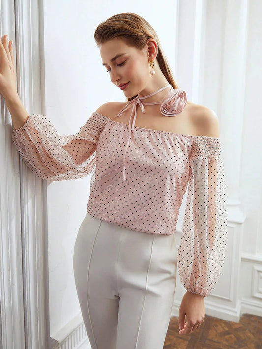 CM-TS195903 Women Elegant Seoul Style Off Shoulder Blouse With Rosette Ribbon - Baby Pink