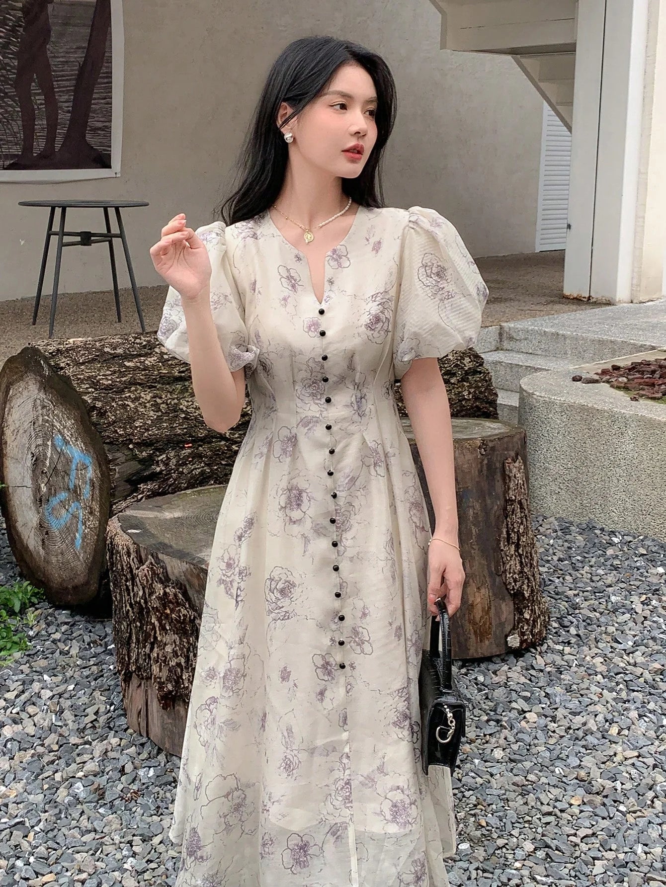 CM-DS062728 Women Elegant Seoul Style Floral Print Puff Sleeve Button Front Dress - Apricot