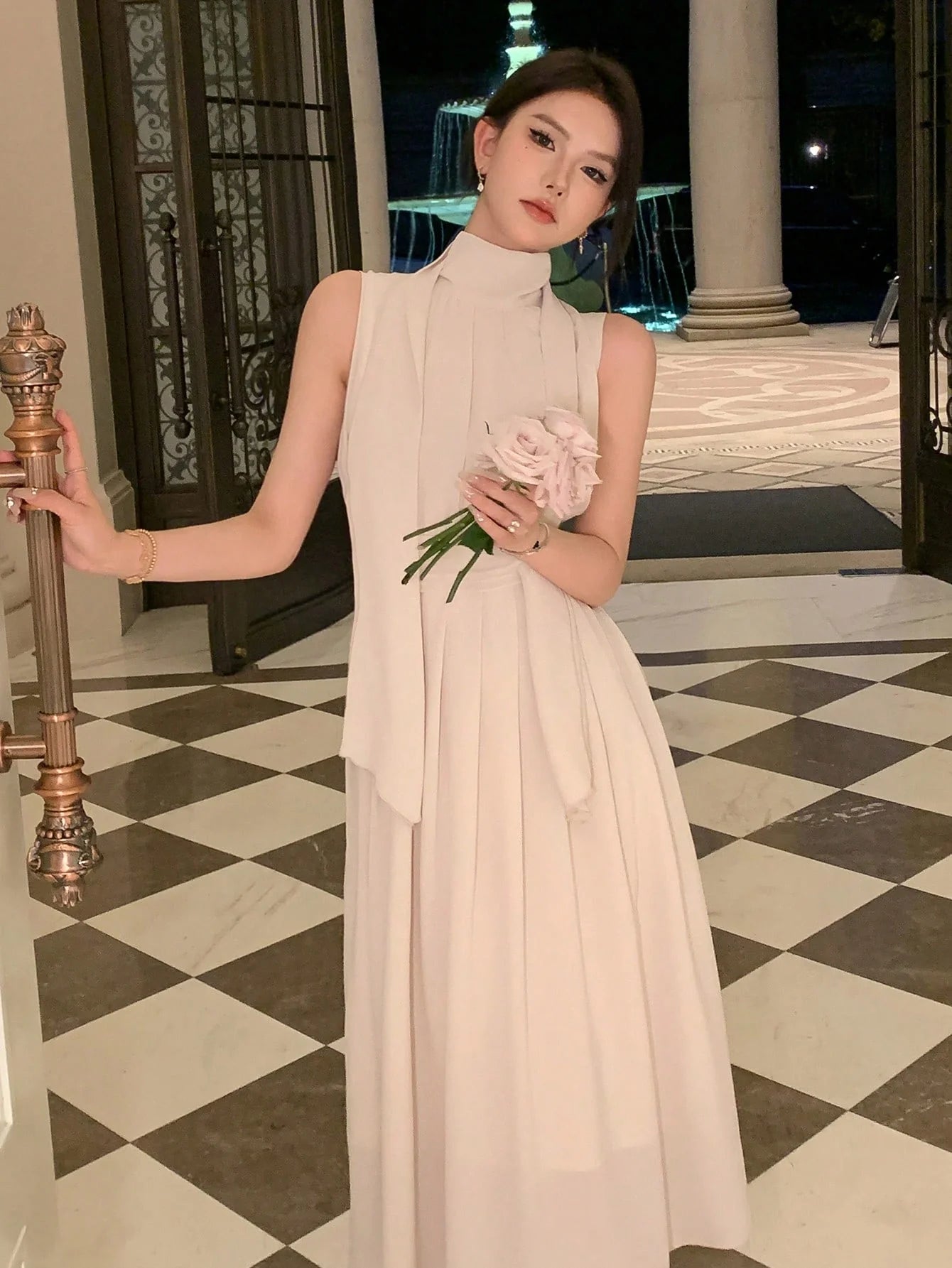 CM-DS634353 Women Elegant Seoul Style Stand Collar Sleeveless Solid Pleated Detail Dress