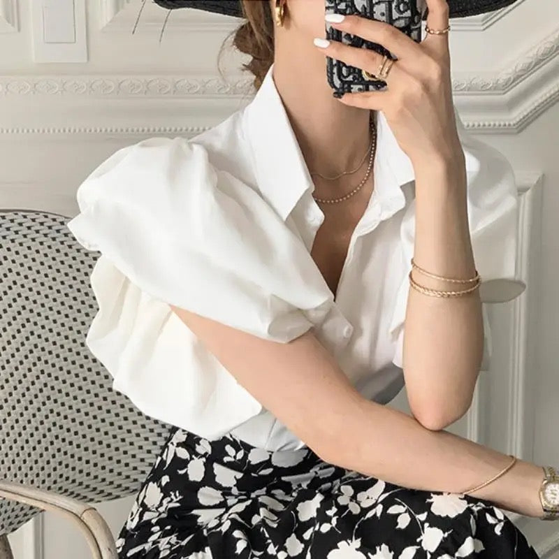 CM-TS446417 Women Elegant Seoul Style Solid Button Front Exaggerated Sleeve Shirt - White