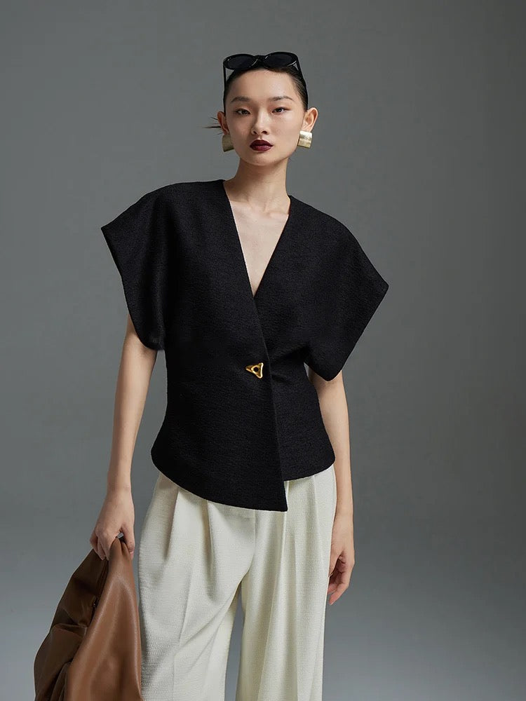 CM-TS001539 Women Elegant Seoul Style V-Neck Asymmetrical Narrow-Waisted One Button Vest Top (Available in 2 colors)