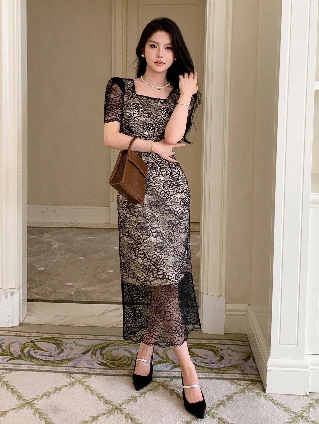 CM-DS226177 Women Elegant Seoul Style Square Neck Puff Sleeve Lace Overlay Dress - Black