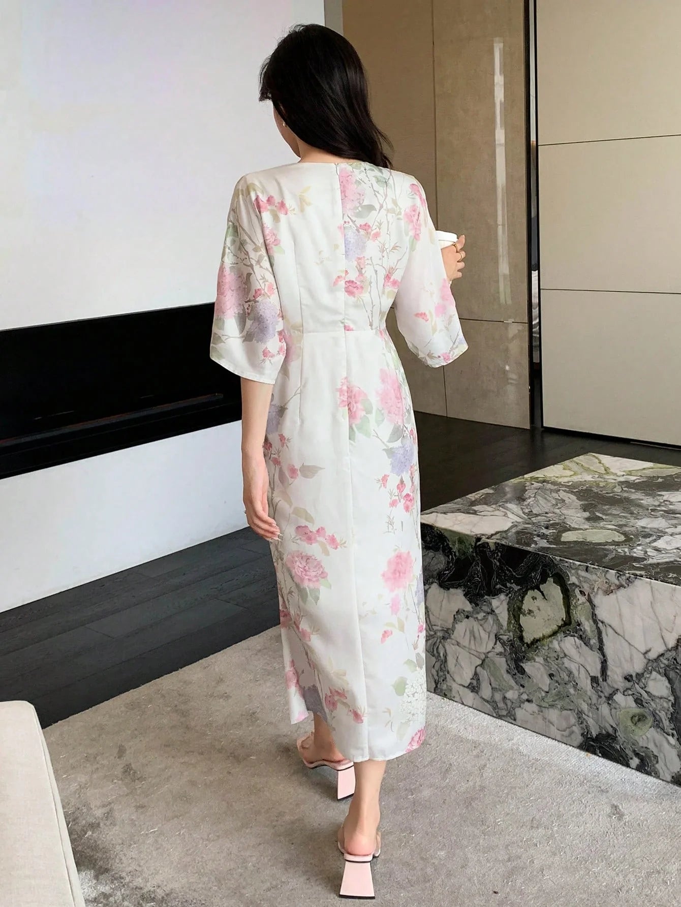 CM-DS611211 Women Elegant Seoul Style Floral Print Batwing Sleeve Dress