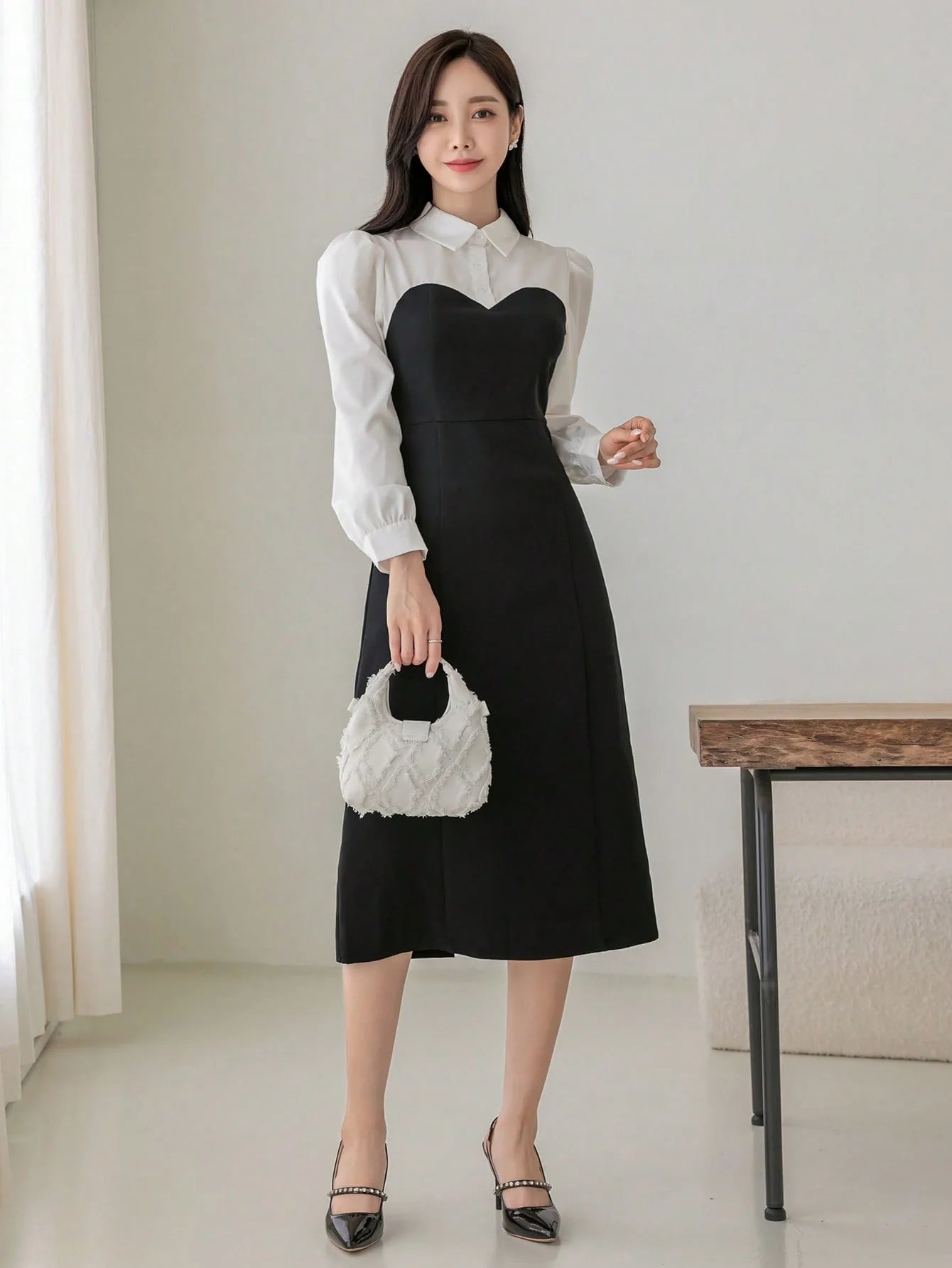 CM-DS888195 Women Elegant Seoul Style Collar Neckline Two Tone Puff Sleeve Dress