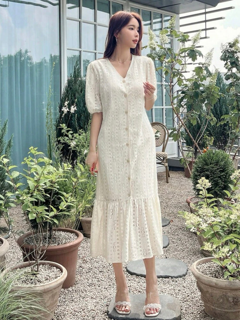 CM-DS322244 Women Elegant Seoul Style Puff Sleeve Ruffle Hem Smock Dress - Apricot