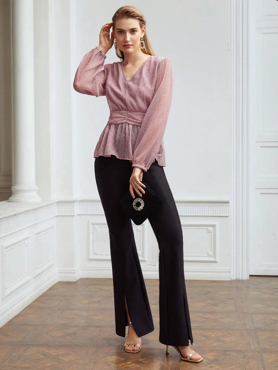 CM-TS151141 Women Elegant Seoul Style Glitter Tulle Peplum Blouse - Dusty Pink