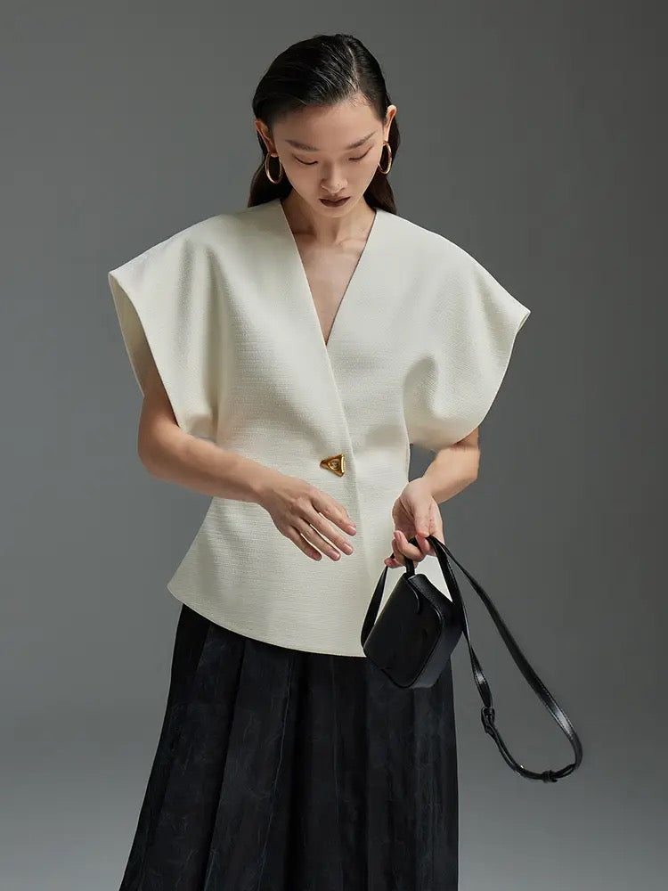 CM-TS001539 Women Elegant Seoul Style V-Neck Asymmetrical Narrow-Waisted One Button Vest Top (Available in 2 colors)