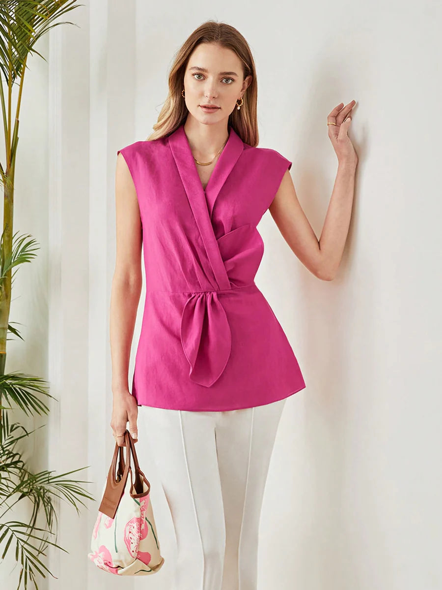 CM-TS972725 Women Elegant Seoul Style Sleeveless Front Tie Linen-Blend Blouse - Pink