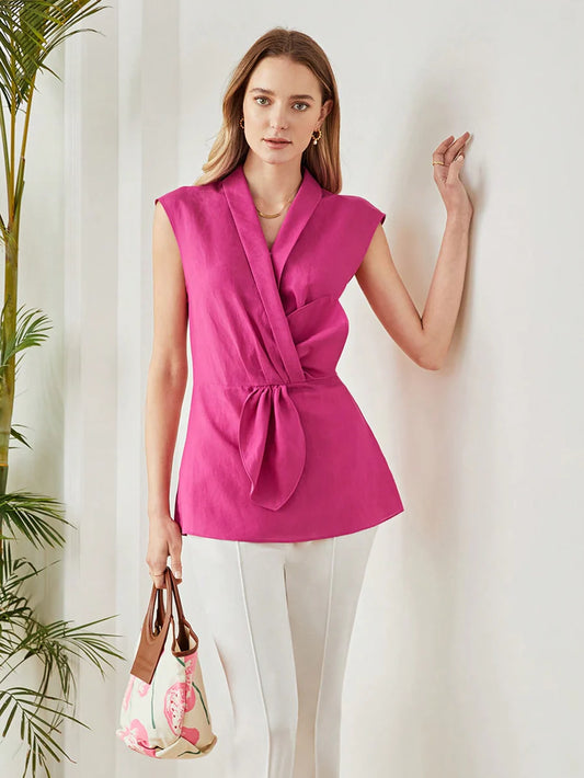 CM-TS972725 Women Elegant Seoul Style Sleeveless Front Tie Linen-Blend Blouse - Pink