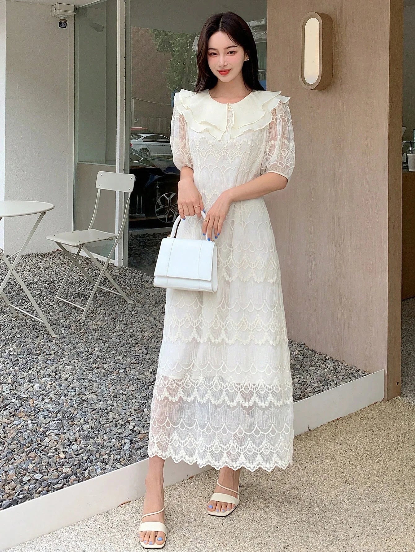 CM-DS996609 Women Elegant Seoul Style Puff Sleeve Ruffle Trim Lace Dress - Beige