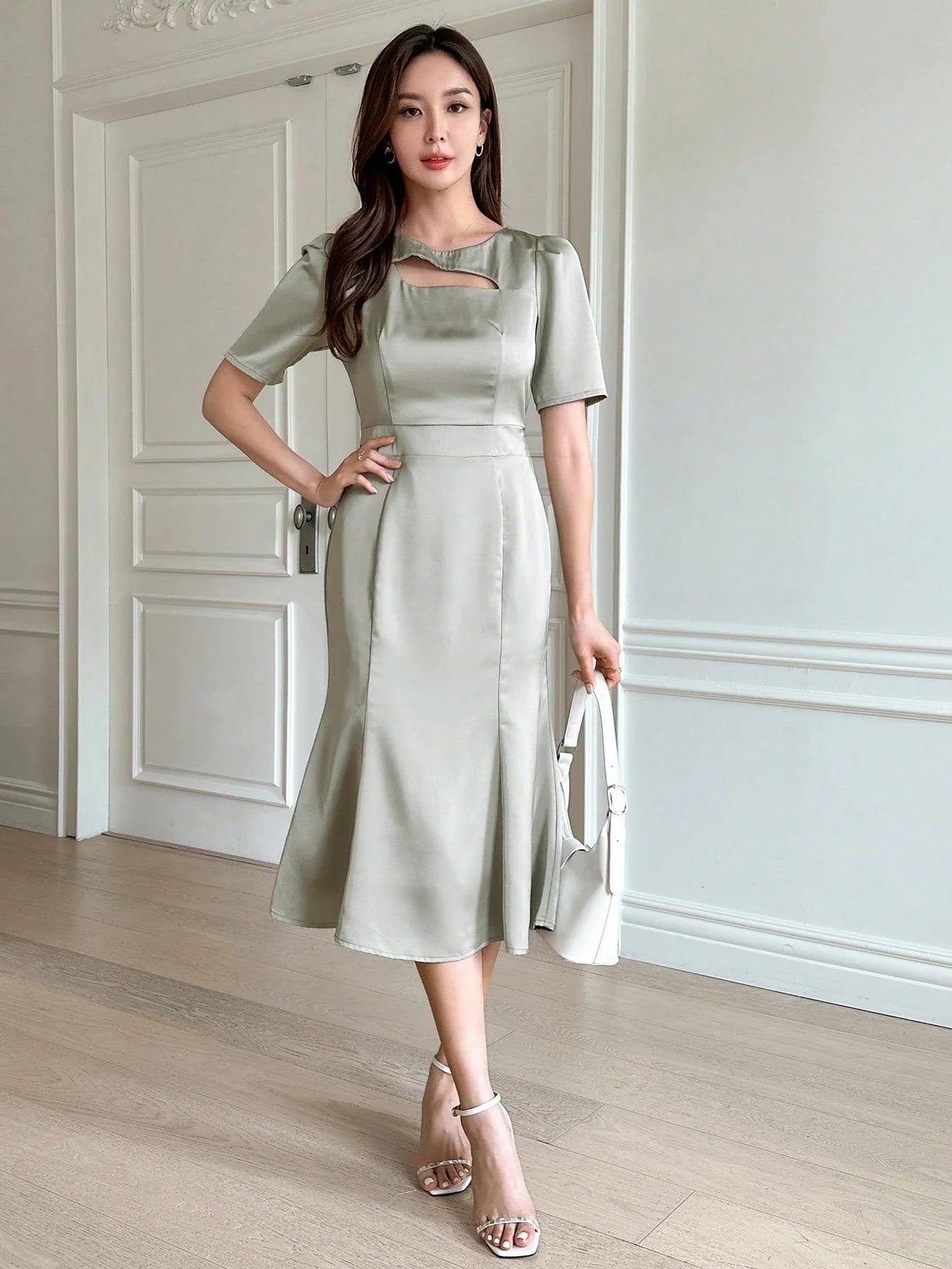 CM-DS097737 Women Elegant Seoul Style Short Sleeve Solid Mermaid Hem Dress - Mint Green