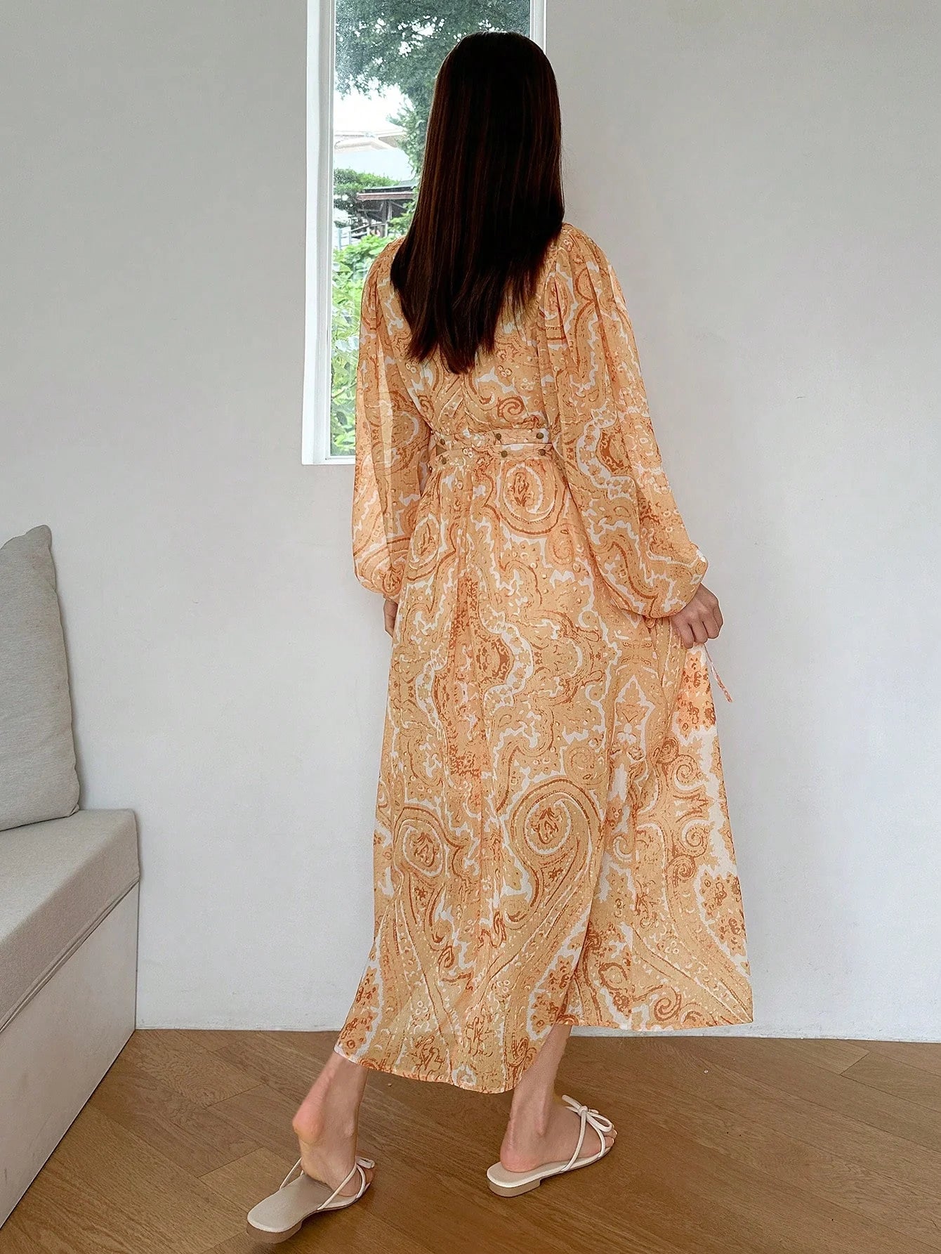 CM-DS810814 Women Trendy Bohemian Style Paisley Print Lantern Sleeve Dress - Yellow