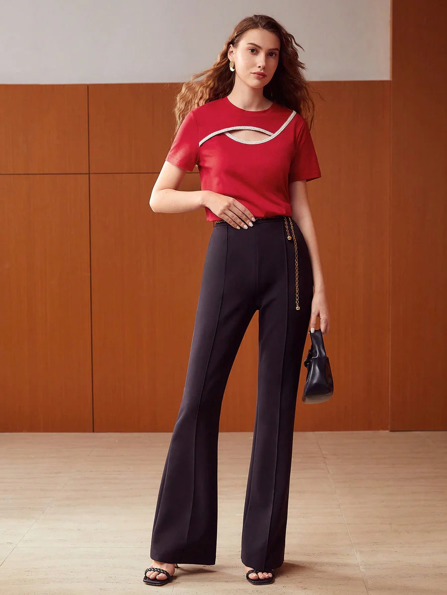 CM-TS122938 Women Casual Seoul Style Round Neck Pearl Cut-Out Top - Red