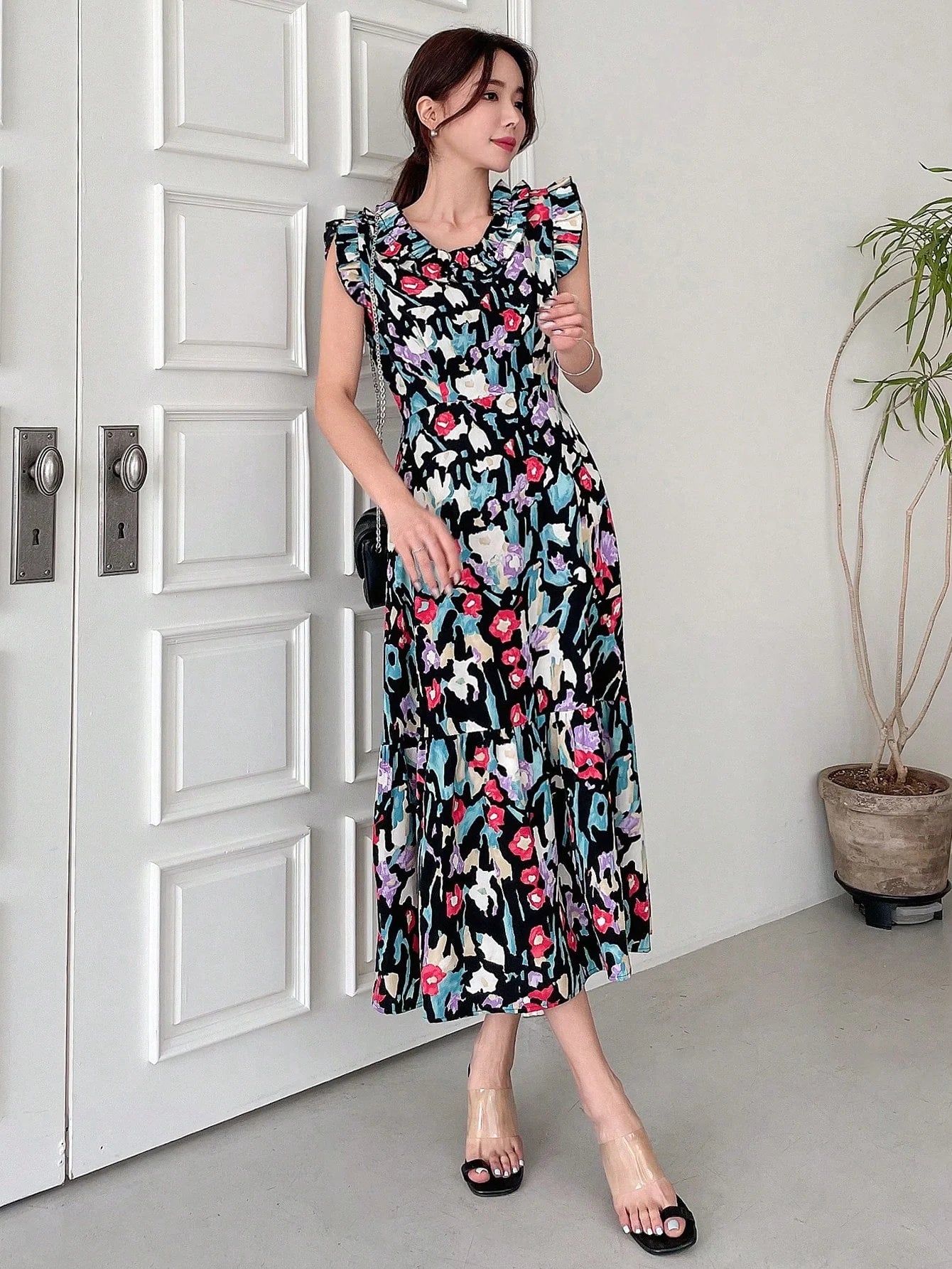 CM-DS184494 Women Trendy Bohemian Style V-Neck Cap Sleeve Print Ruffle Hem Dress