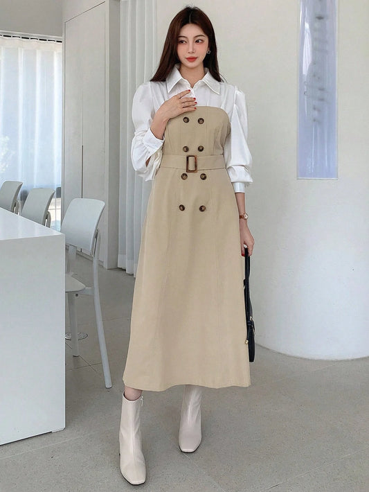 CM-DS396697 Women Elegant Seoul Style Two Tone Double Breasted Belted 2 In 1 Dress