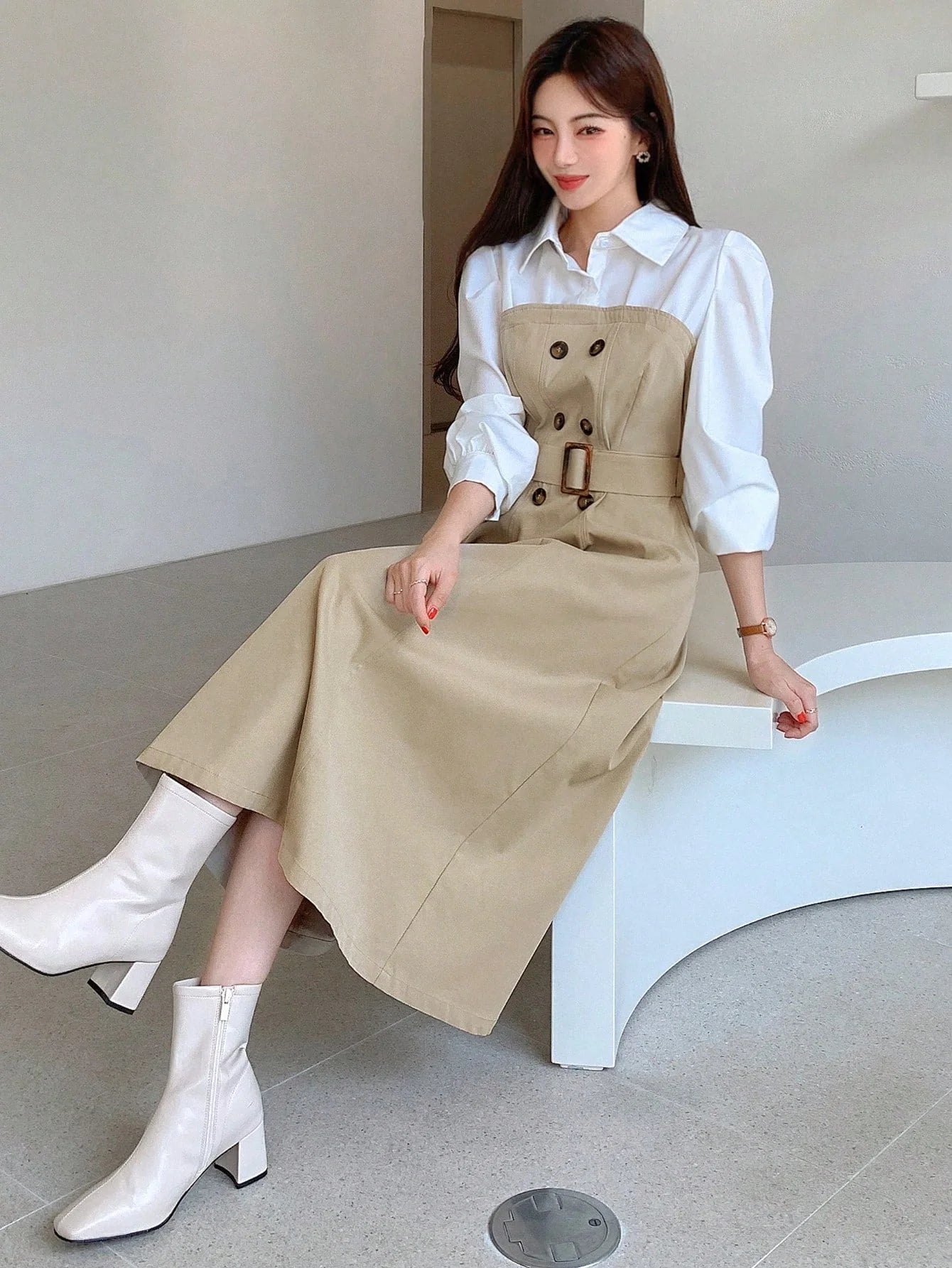 CM-DS396697 Women Elegant Seoul Style Two Tone Double Breasted Belted 2 In 1 Dress