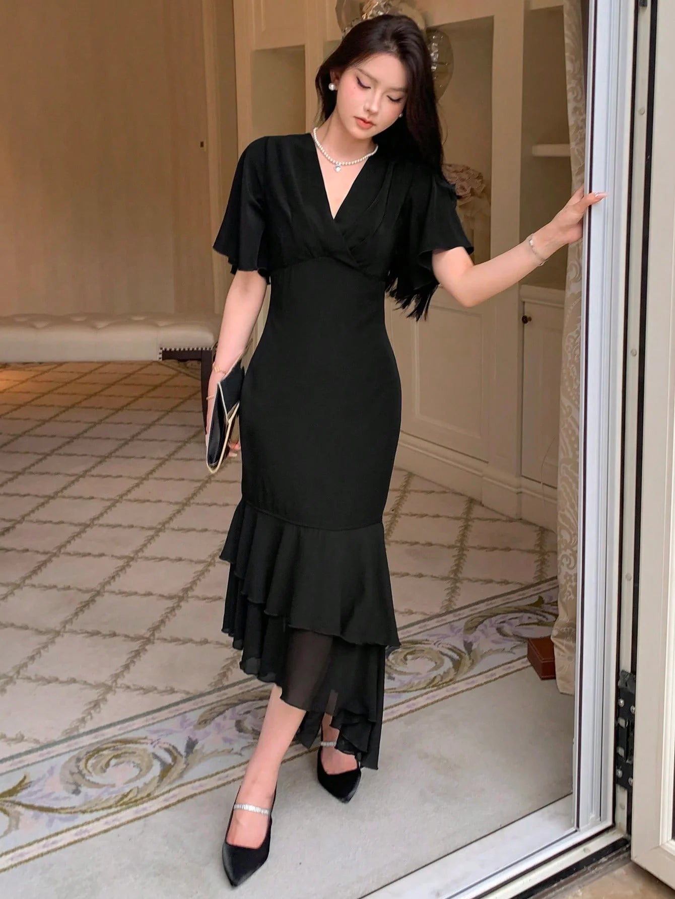 CM-DS464858 Women Elegant Seoul Style Surplice Neck Butterfly Sleeve Ruched Ruffle Hem Dress