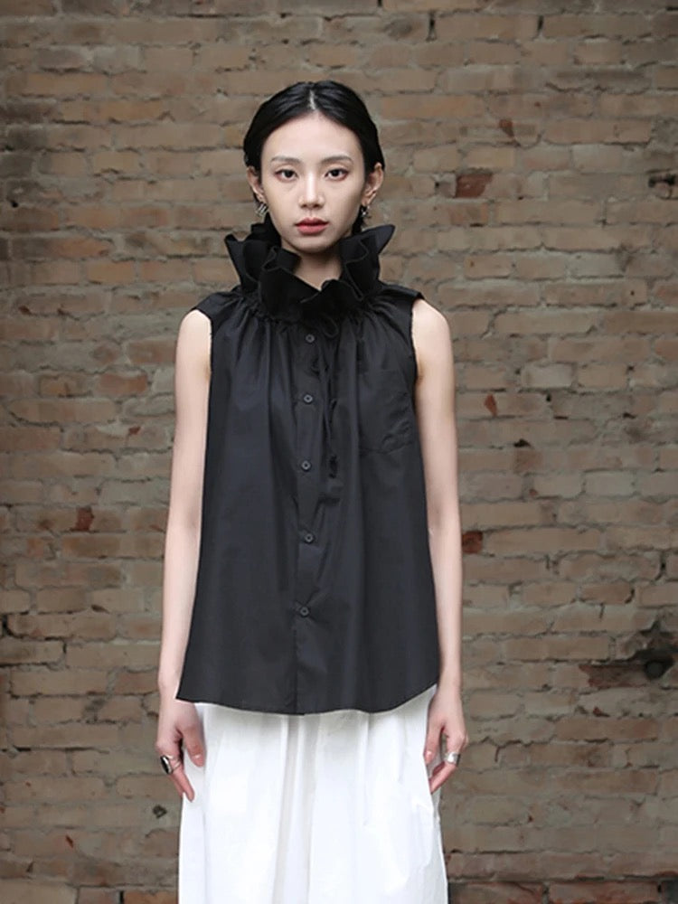 CM-TS001499 Women Elegant Seoul Style Stand Up Collar Pinched Floral Sleeveless Outer Top (Available in 2 colors)