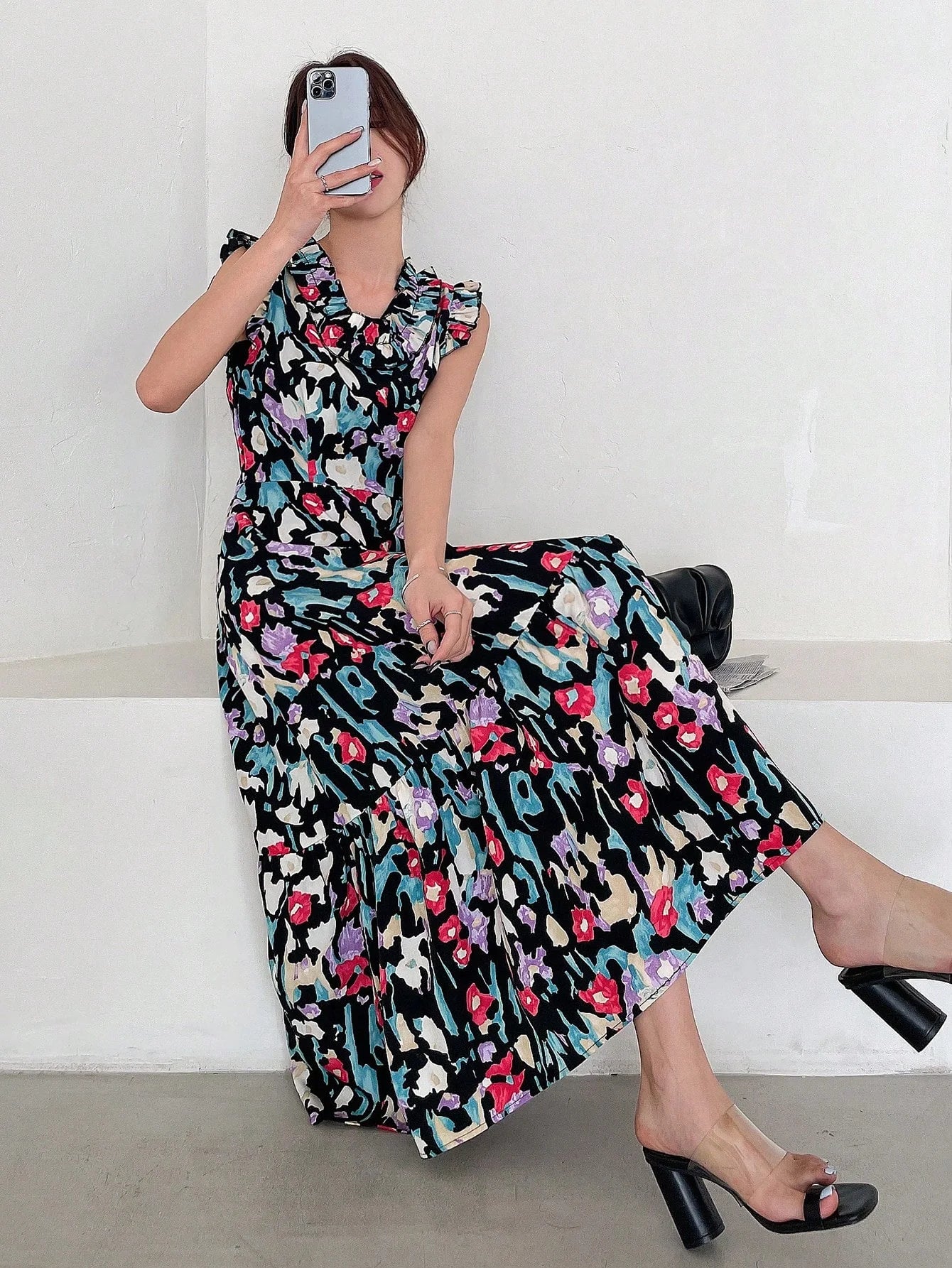 CM-DS184494 Women Trendy Bohemian Style V-Neck Cap Sleeve Print Ruffle Hem Dress