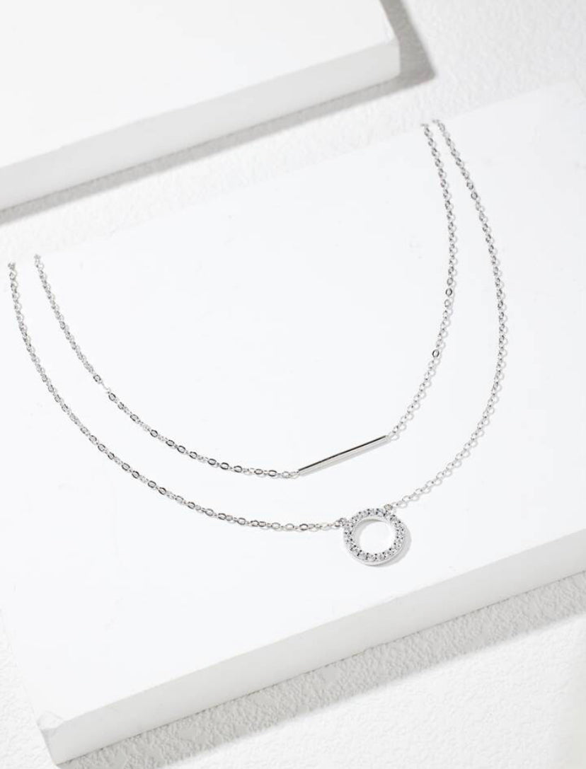 CM-AN840022 925 Sterling Silver Round Cubic Zirconia with Long Stick Bar Layered Necklace - Silver