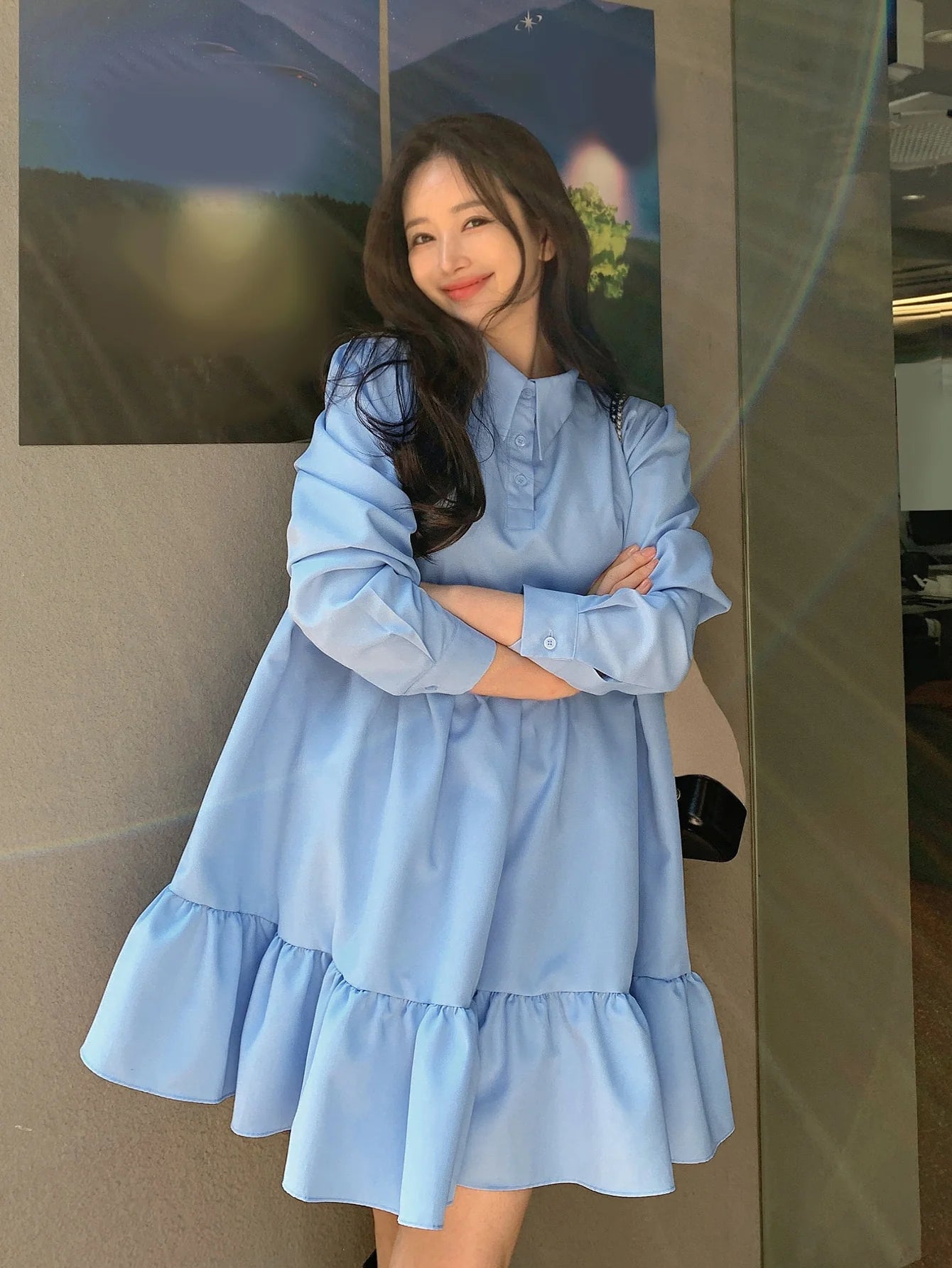 CM-DS688660 Women Casual Seoul Style Solid Polo Neck Ruffle Hem Smock Dress - Blue