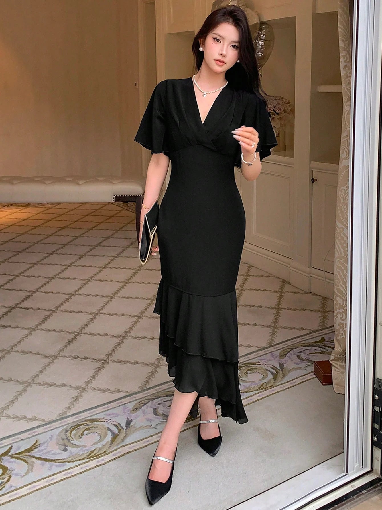 CM-DS464858 Women Elegant Seoul Style Surplice Neck Butterfly Sleeve Ruched Ruffle Hem Dress