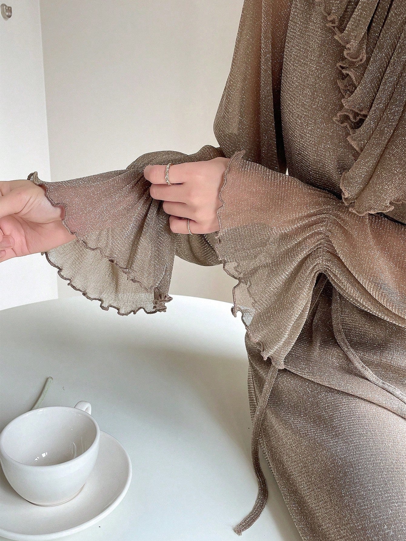 CM-DS367637 Women Elegant Seoul Style Ruffle Trim Flare Sleeve Ruffle Hem Belted Dress - Mocha Brown