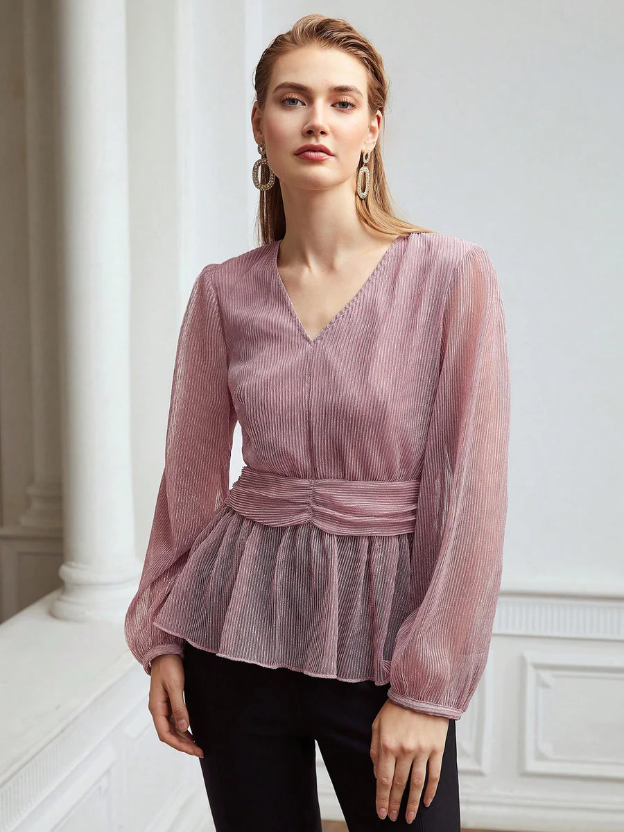 CM-TS151141 Women Elegant Seoul Style Glitter Tulle Peplum Blouse - Dusty Pink