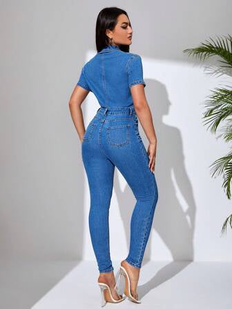 CM-JS923300 Women Casual Seoul Style Medium Wash Button Front Flap Pocket Denim Jumpsuit
