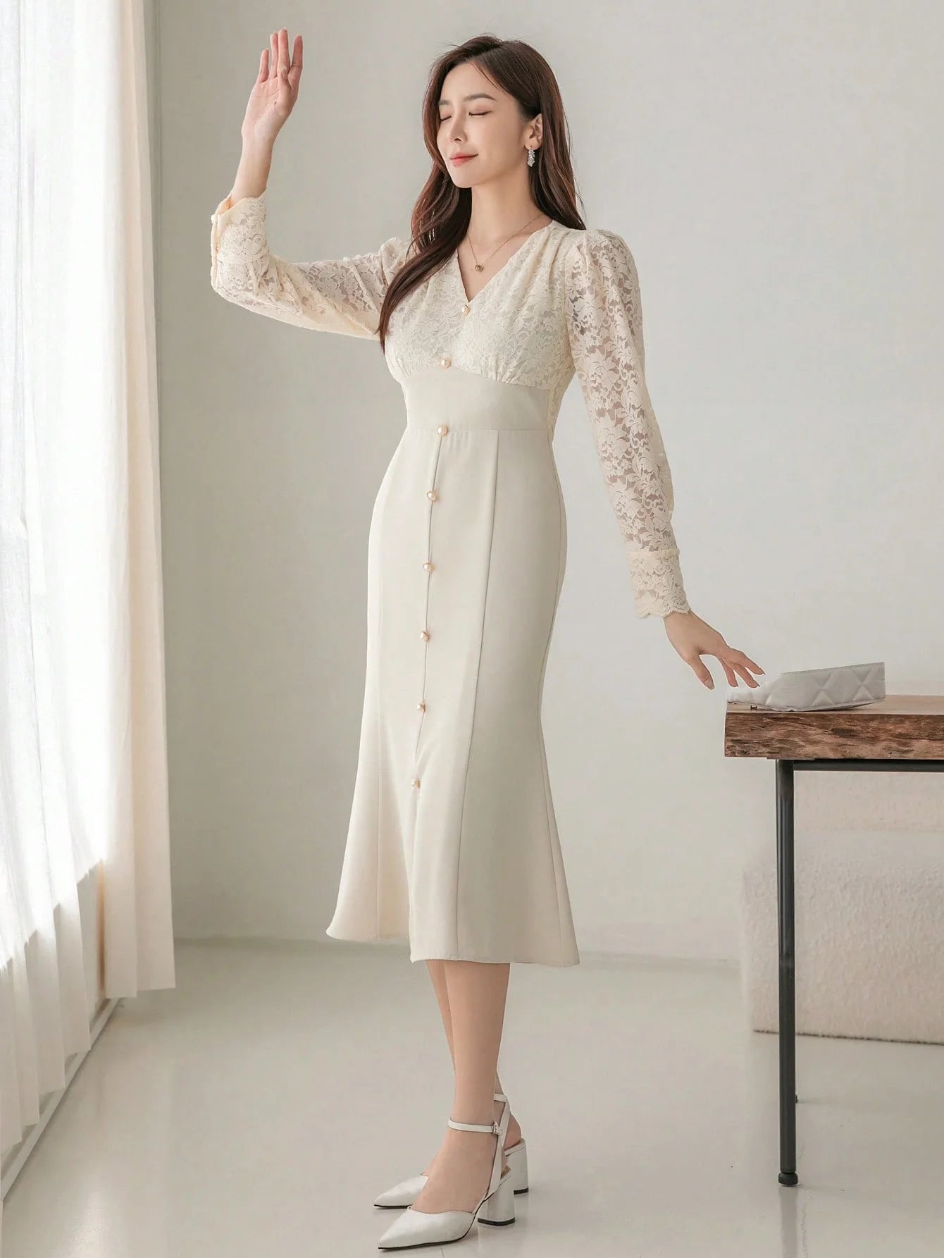 CM-DS827032 Women Elegant Seoul Style Contrast Lace Button Front Split Thigh Dress - Apricot