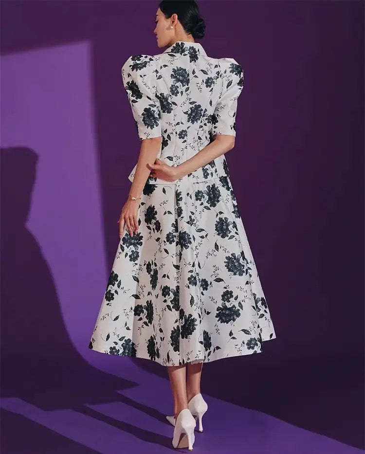 CM-SF052411 Women Retro Seoul Style Floral High Waist Puff Sleeve Dress Set