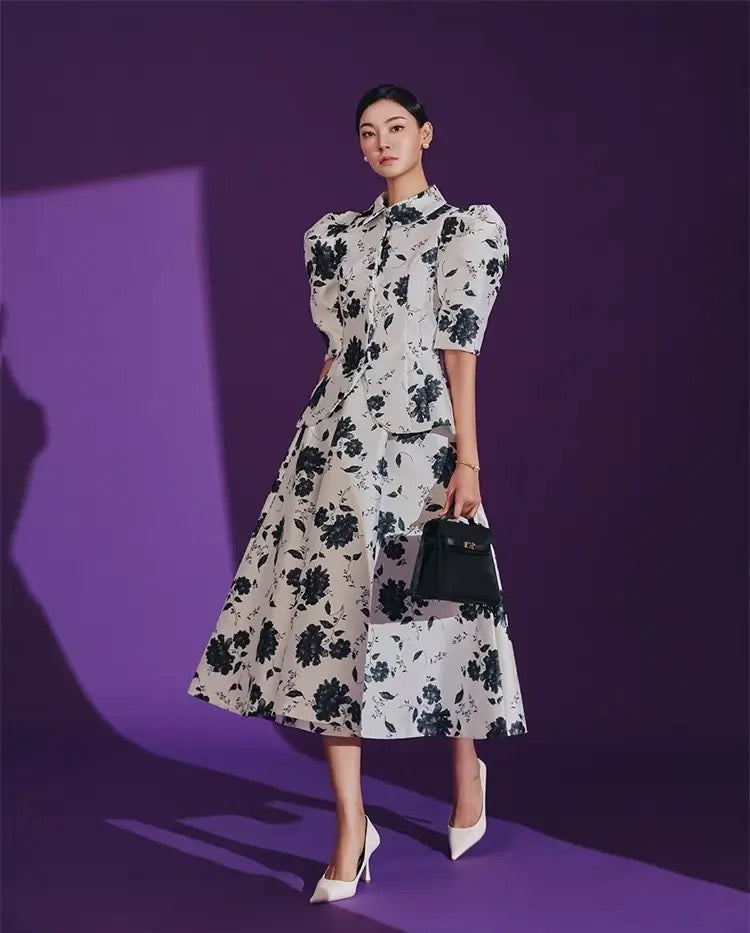 CM-SF052411 Women Retro Seoul Style Floral High Waist Puff Sleeve Dress Set