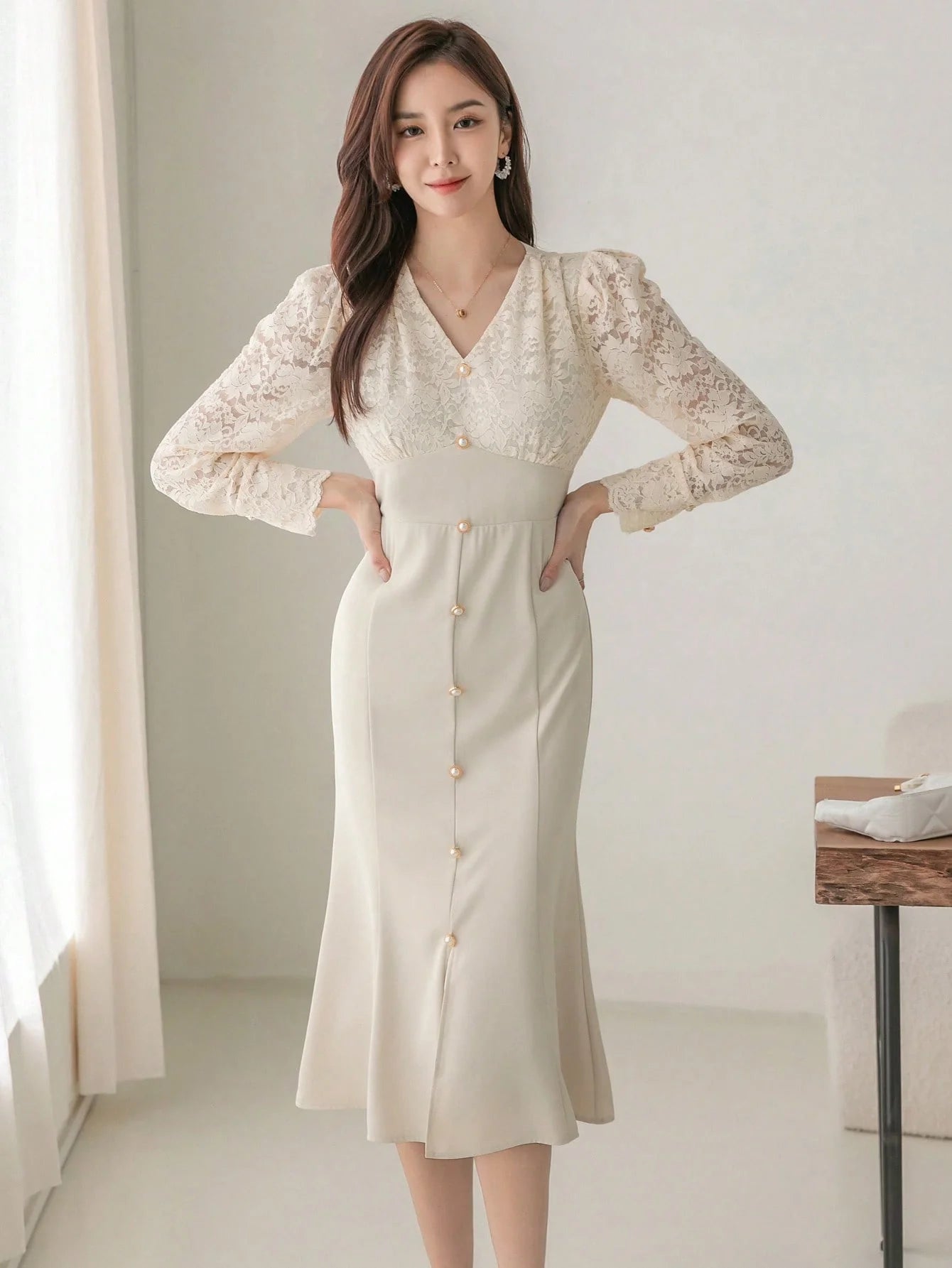 CM-DS827032 Women Elegant Seoul Style Contrast Lace Button Front Split Thigh Dress - Apricot